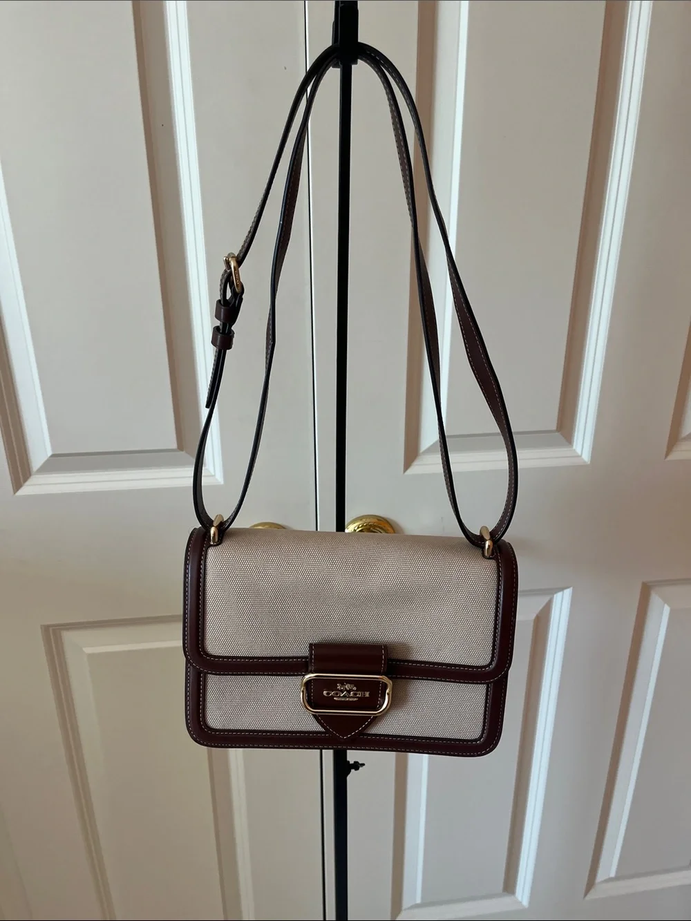 Coach Cream Canvas Crossbody with Brown Leather Trim and Gold Hardware